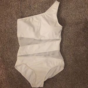 One shoulder white one piece bathing suit cut outs